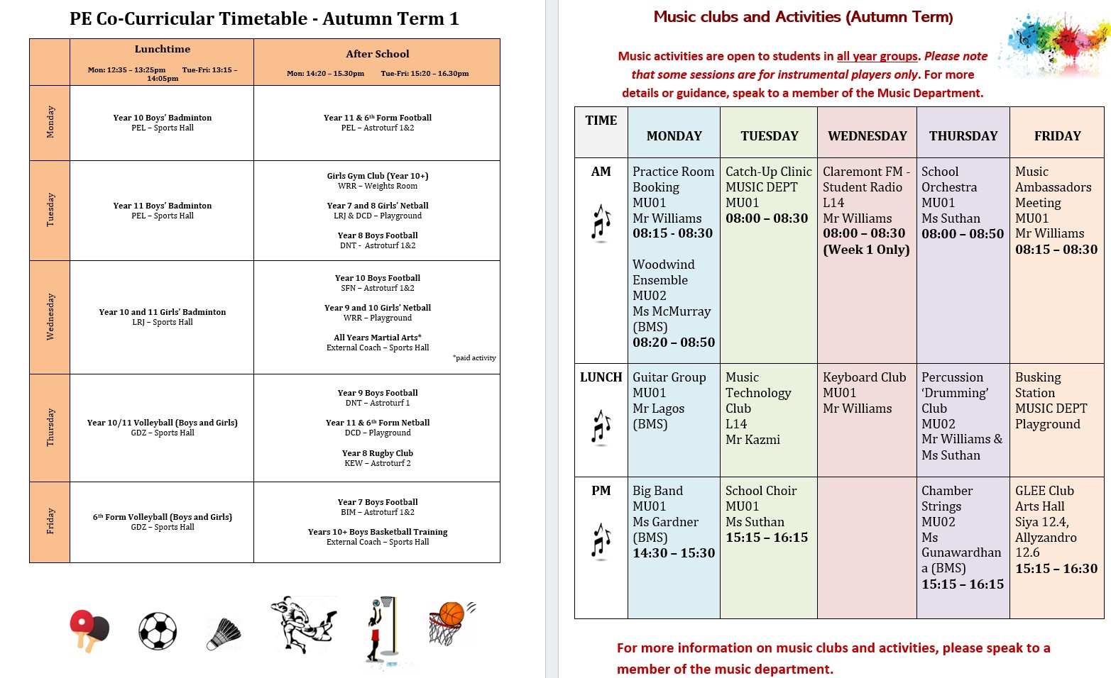 PE and Music Co-Curricular Autumn 2025